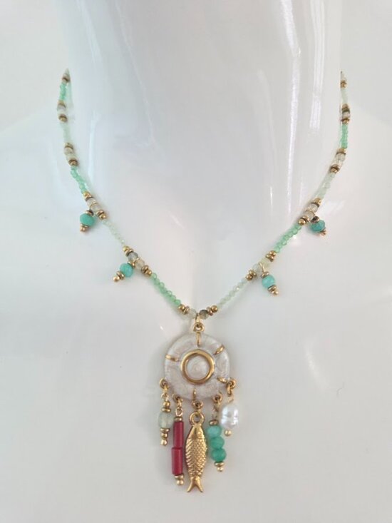 Jewelry - Boho Gold Tone Mint Green Beaded Necklace Fish Charm Dangle Pendant